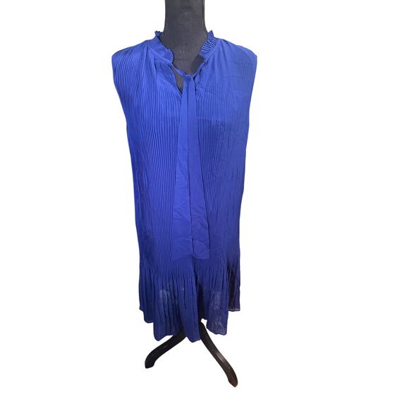 DKNY Blue Sleeveless Tie Neck Pleated Shift Dress - Picture 1 of 8